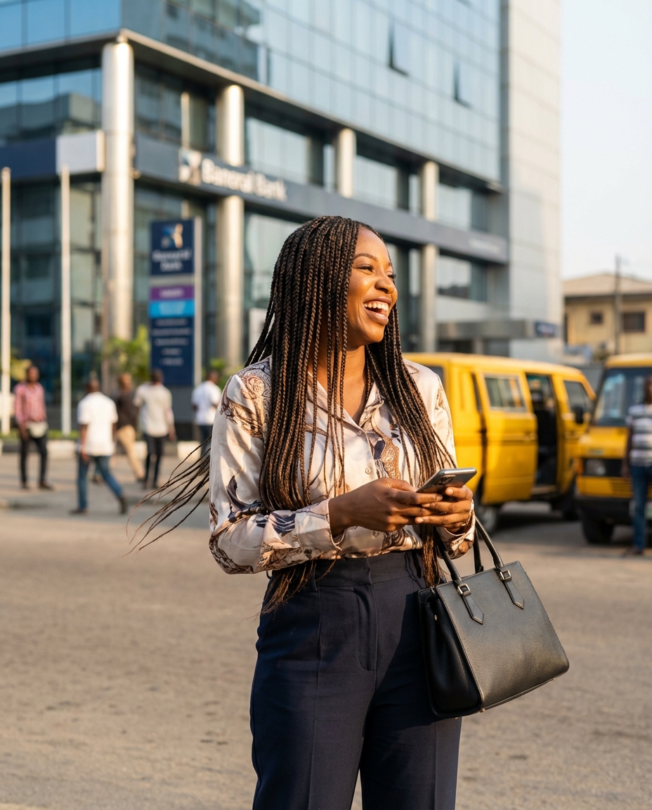 laughing_woman_outside_modern_bank_building